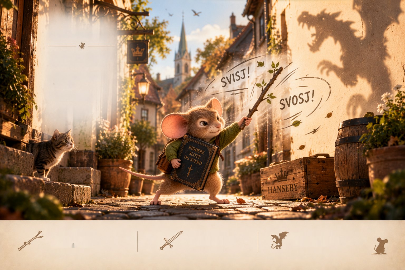 Milo the mouse walks through a sunlit Hanseby street holding a stick like a sword, with a big book under his arm and a dragon shadow on the wall behind him.