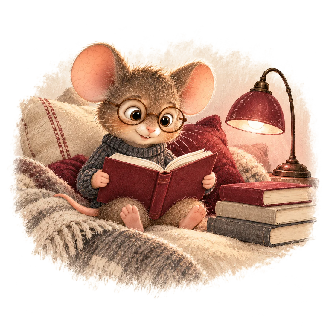 Max med runde briller leser en rød bok i sofaen ved en lampe.