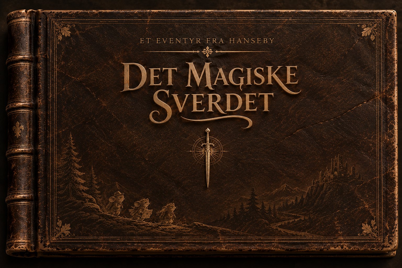 The leather-bound cover of the book, with the title lettered in gold above a golden sword and compass, and three small mice walking on a hill below.